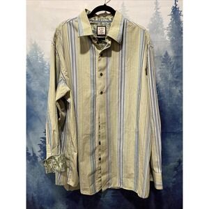 J.Garcia Button Up Dress Shirt Men's 2XL Flip Cuff‎ Stripe Green Long Sleeve